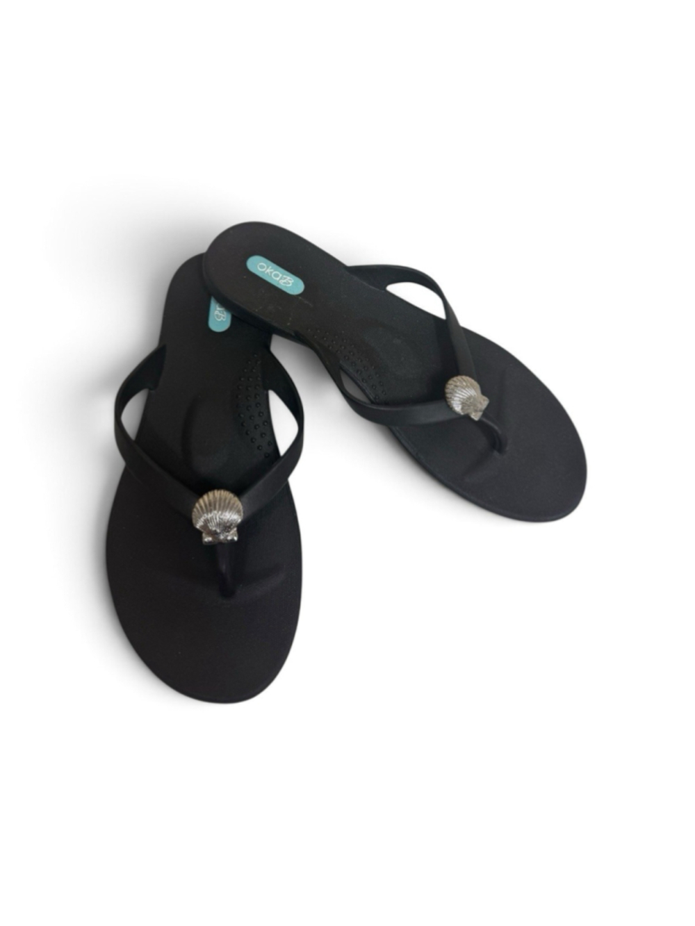 Oka B Sandals Flip Flops Black With Silver Seashell Size 38- Women’s 8